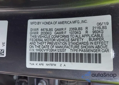 2019 Honda Accord Sport from USA, damaged, VIN 1HGCV1F32KA123237
